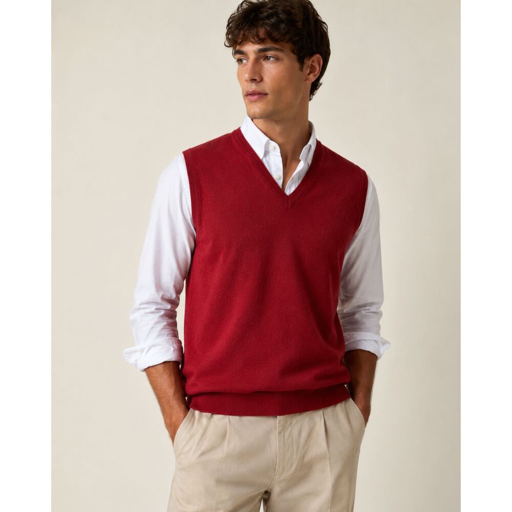 Vintage Benetton Wool Red Vest Sweater Men’s L V-Neck Made in Italy